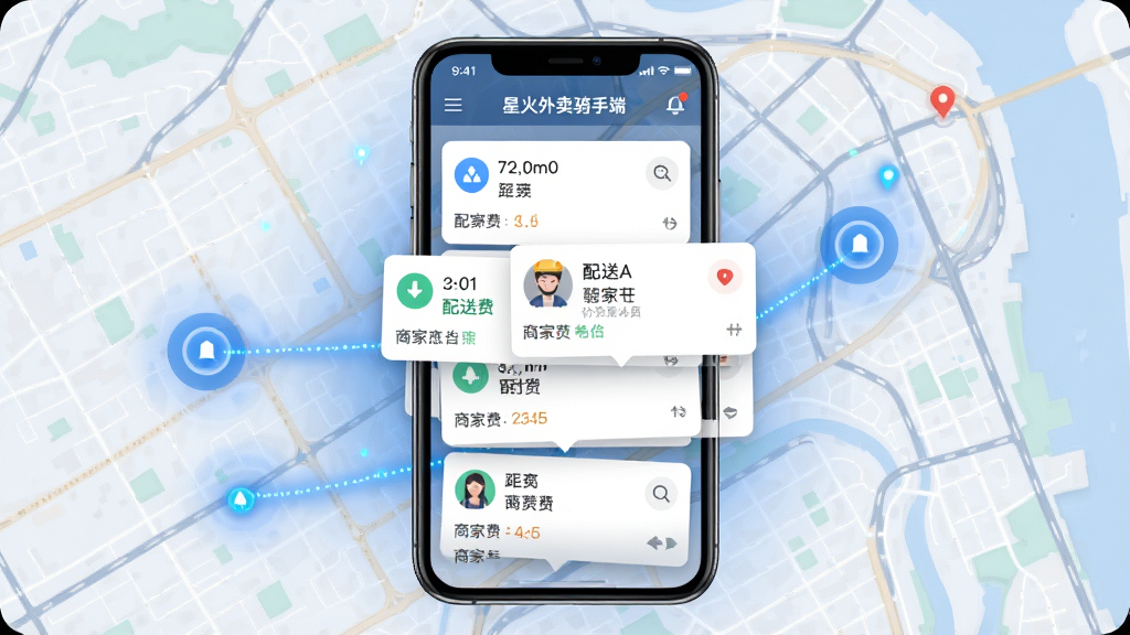 一张展示「星火外卖骑手端」智能订单推送功能的画面,手机屏幕中央弹出多个订单卡片,每个卡片显示距离、配送费、商家名称等信息,背景为城市地图,蓝色光效点缀,扁平化UI风格,画面干净清晰,画质高清无多余元素