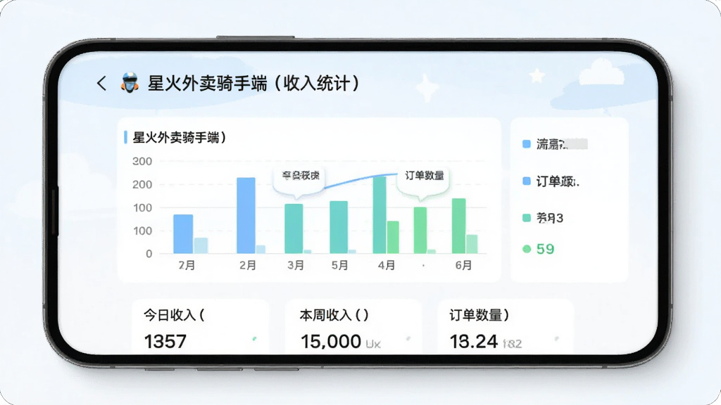 一张展示「星火外卖骑手端」收入统计页面的图片,手机屏幕显示柱状图和数字统计,包含今日收入、本周收入、订单数量等数据,配色清新,浅色背景,扁平化风格,画面简洁干净,画质高清