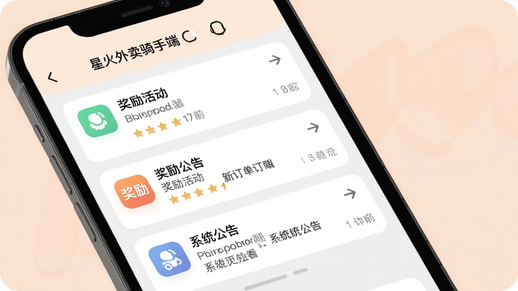一张展示「星火外卖骑手端」消息通知界面的图片,手机屏幕显示多条通知卡片,包含新订单提醒、奖励活动、系统公告等内容,图标清晰,配色柔和,扁平化设计,画面干净整洁,画质高清