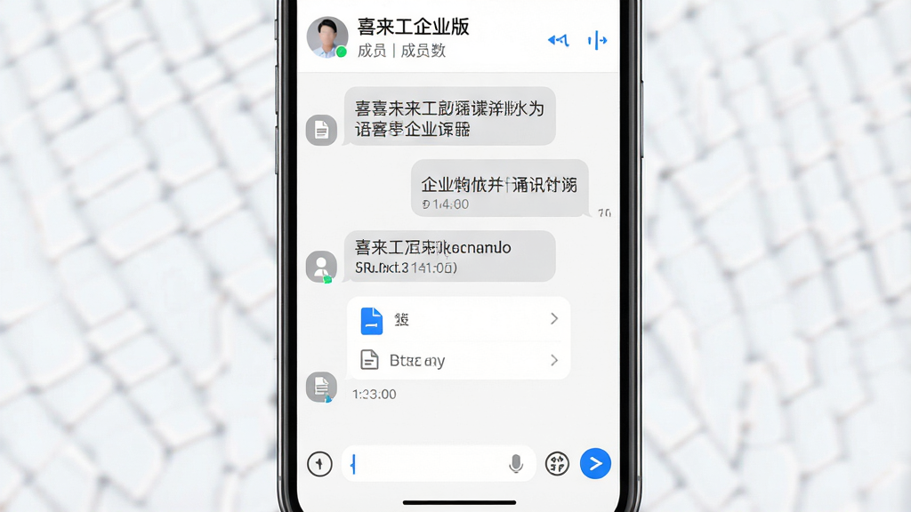 一张展示喜来工企业版即时通讯功能的图片,主体为手机聊天界面,布局为顶部显示群组名称和成员数,中部为多条聊天消息气泡包含文字和文件卡片,底部为输入框和功能按钮,排版为上下结构,风格为清爽浅色商务风,细节包含蓝色发送按钮、灰色接收气泡、文件图标、时间戳,画质高清干净无多余元素