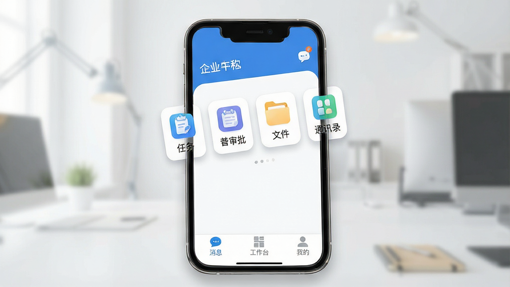 一张展示喜来工企业版软件界面的图片,主体为手机屏幕中显示的企业办公应用主界面,布局为顶部导航栏包含企业名称和消息图标,中部为功能模块入口包括任务、审批、文件、通讯录等图标,底部为消息、工作台、我的三个标签栏,排版清晰整齐,风格为现代简约商务风,细节包含蓝色主色调、白色背景、圆角图标、柔和阴影,画质高清干净无多余元素