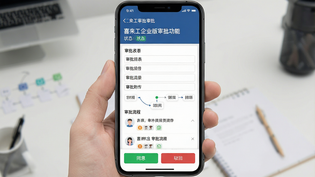 一张展示喜来工企业版审批功能的图片,主体为手机屏幕中的审批详情界面,布局为顶部显示审批标题和状态,中部为审批表单字段和附件列表,底部为同意和驳回按钮,排版为上下结构,风格为简洁商务风,细节包含绿色同意按钮、红色驳回按钮、表单字段、审批流程节点,画质高清干净无多余元素
