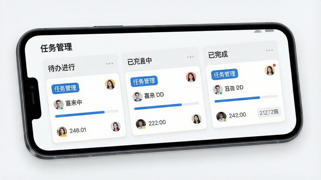 一张展示喜来工企业版任务管理功能的图片,主体为手机屏幕中的任务看板界面,布局为顶部标题栏显示任务管理,中部为三列看板分别标注待办进行中已完成并包含任务卡片,排版为横向滚动列布局,风格为现代办公简约风,细节包含蓝色标签、进度条、头像图标、截止日期,画质高清干净无多余元素