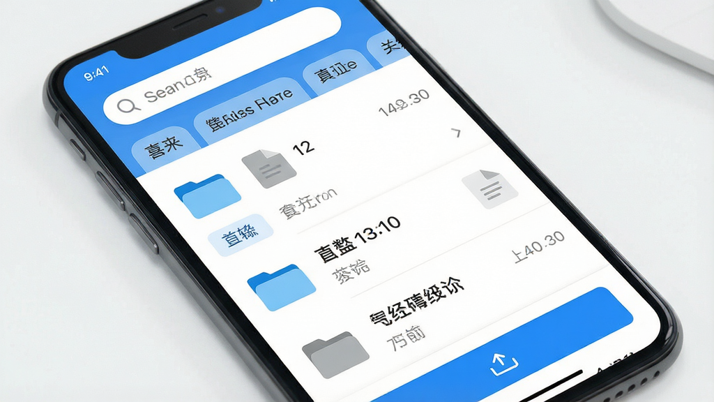 一张展示喜来工企业版文件管理功能的图片,主体为手机屏幕中的企业云盘界面,布局为顶部搜索栏和分类标签,中部为文件列表包含文件夹和文档图标,底部为上传按钮,排版为列表式布局,风格为清新浅色风,细节包含蓝色文件夹图标、灰色文档图标、文件大小标注、上传时间,画质高清干净无多余元素