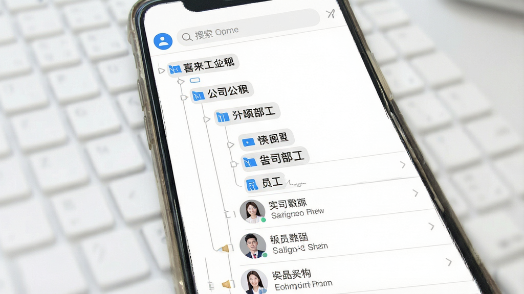 一张展示喜来工企业版组织架构功能的图片,主体为手机屏幕中的通讯录界面,布局为顶部搜索栏,中部为部门树形结构包含公司名称和下属部门,底部为员工列表带头像和职位,排版为树形列表布局,风格为素雅极简风,细节包含蓝色部门图标、灰色分割线、员工头像、职位标签,画质高清干净无多余元素