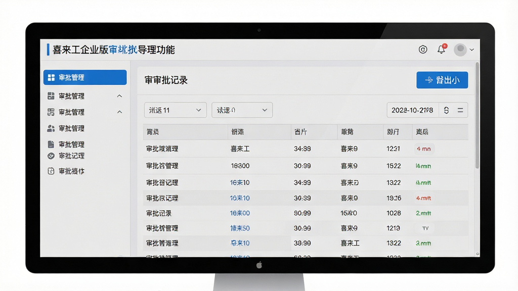一张展示喜来工企业版审批记录导出功能的图片,主体为电脑端管理后台界面,布局为左侧导航栏包含审批管理选项,右侧为审批记录列表和导出按钮,排版为左右分栏结构,风格为简约商务风,细节包含蓝色导出按钮、数据表格、筛选条件、日期选择器,画质高清干净无多余元素
