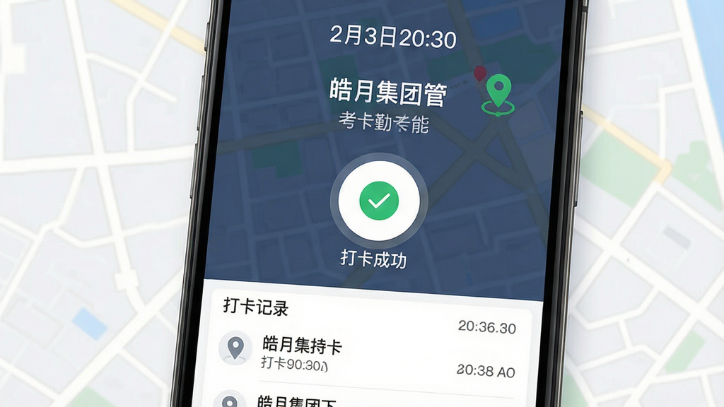 皓月集团管理考勤打卡功能界面,主体为手机屏幕特写,屏幕中显示打卡成功提示与地图定位标记,布局为上方时间日期、中部圆形打卡按钮、下方打卡记录列表,风格为清爽简约商务风,细节包含绿色对勾图标、定位小图钉、时间戳文字,画质清晰干净,无多余元素。