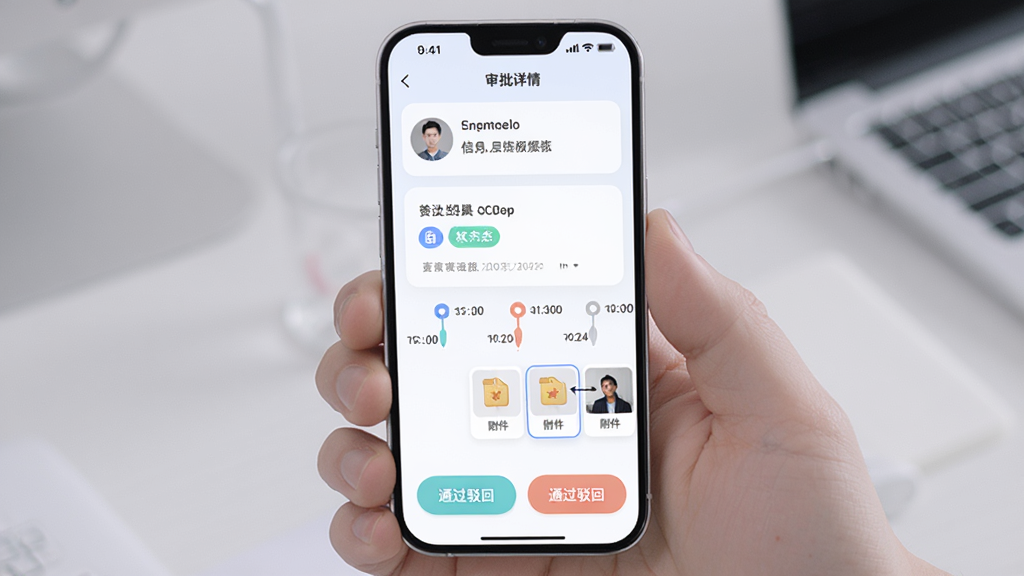 皓月集团管理流程审批界面,主体为手机屏幕展示审批详情页,布局为顶部申请人信息、中部审批节点时间轴、底部通过驳回按钮,风格为柔和圆角浅色系,细节包含头像、状态标签、附件缩略图,画质清晰干净,无多余元素。