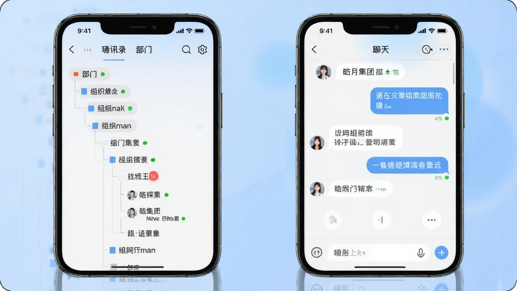 皓月集团管理通讯录与聊天界面,主体为两部手机并排展示,左侧显示组织架构树形列表,右侧显示聊天对话窗口,布局左右对称,风格为淡蓝渐变现代风,细节包含部门分组、在线状态圆点、消息气泡,画质清晰干净,无多余元素。