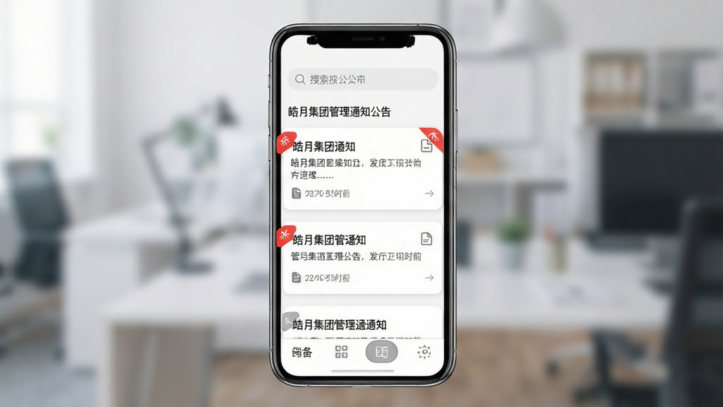 皓月集团管理通知公告列表界面,主体为手机屏幕展示公告卡片流,布局为顶部搜索栏、中部公告条目、底部标签切换,风格为素雅极简白底灰线,细节包含红色未读角标、文件图标、发布时间,画质清晰干净,无多余元素。
