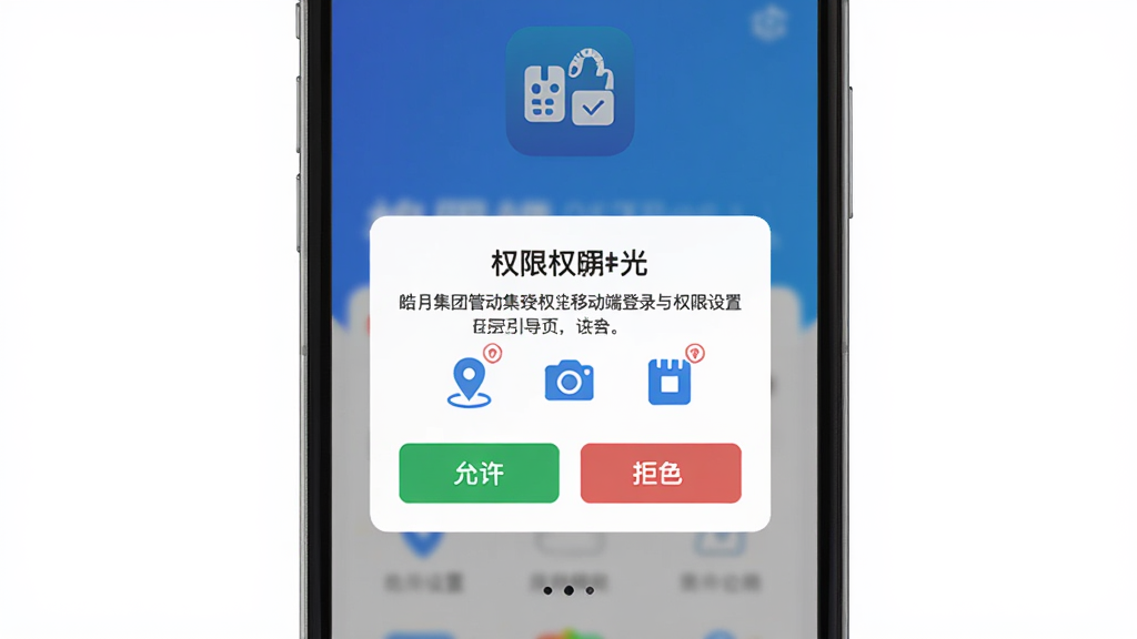 皓月集团管理移动端登录与权限设置引导页,主体为手机屏幕展示权限申请弹窗,布局为顶部应用图标、中部权限说明文字、底部允许拒绝按钮,风格为扁平化蓝白配色,细节包含定位图标、相机图标、存储图标,画质清晰干净,无多余元素。
