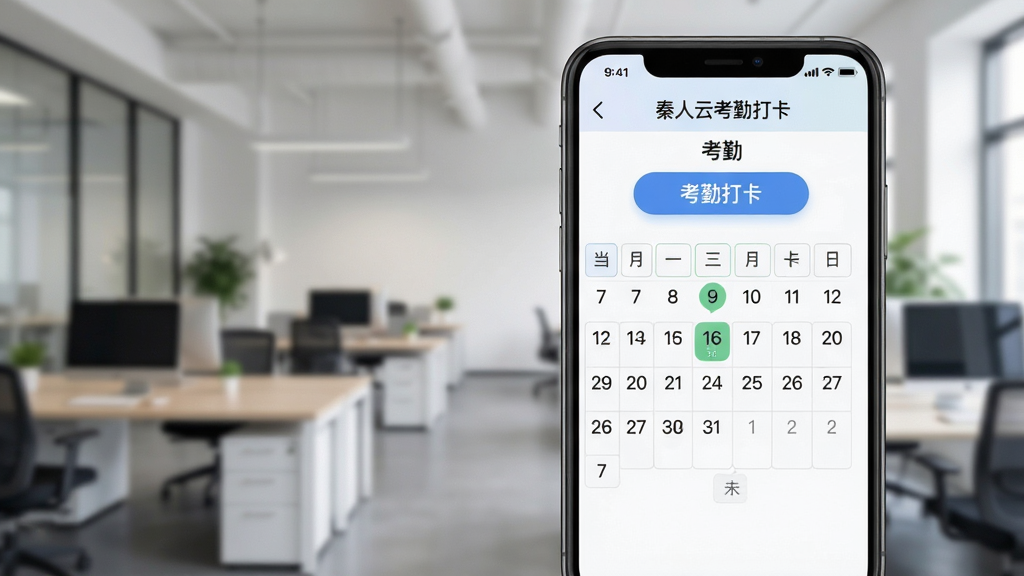 秦人云考勤打卡功能界面截图,画面显示手机屏幕内考勤打卡按钮与当月出勤日历,背景为办公室场景虚化处理,风格现代简约,细节清晰,画质干净