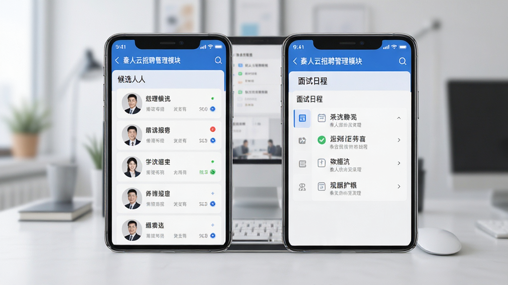秦人云招聘管理模块界面展示,画面中手机屏幕显示候选人列表与面试日程安排,配色以蓝白为主,风格专业清爽,布局规整,画质清晰干净