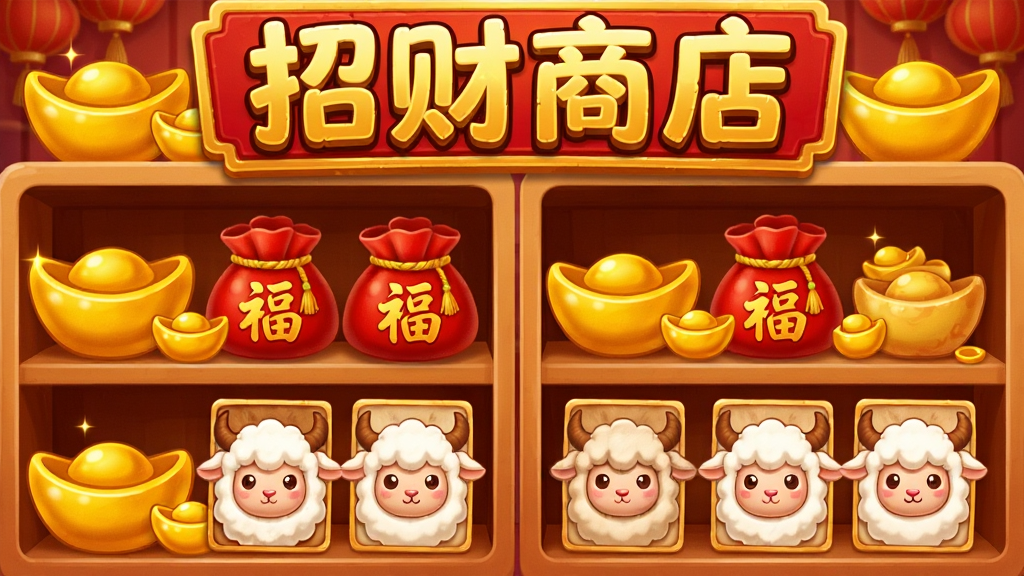 画面是一个卡通风格的招财商店界面,货架上摆满金色元宝、红色福袋和羊只皮肤卡片,顶部挂着“招财商店”四个金色大字,布局为对称式货架排列,风格为节日喜庆卡通,细节包括元宝的光泽、福袋上的“福”字、卡片上的小羊头像,画质高清,干净无多余元素