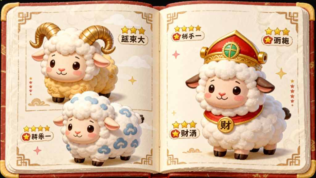 画面是一本展开的卡通图鉴,左右两页分别展示不同造型的小羊,包括金角羊、祥云羊和财神羊,每只羊旁边有星级和名称标签,布局为书本平铺展示,风格为可爱图鉴风,细节包括羊只的绒毛质感、标签上的星星、页面边缘的装饰花纹,画质高清,干净无多余元素