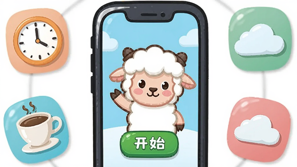 画面是一个卡通手机屏幕,屏幕内显示游戏主界面,有开始按钮和一只招手的小羊,手机周围飘着时钟、咖啡杯和云朵图标,布局为手机居中、图标环绕,风格为扁平化休闲插画,细节包括手机边框的高光、小羊的可爱表情、图标的柔和阴影,画质清晰,干净无多余元素