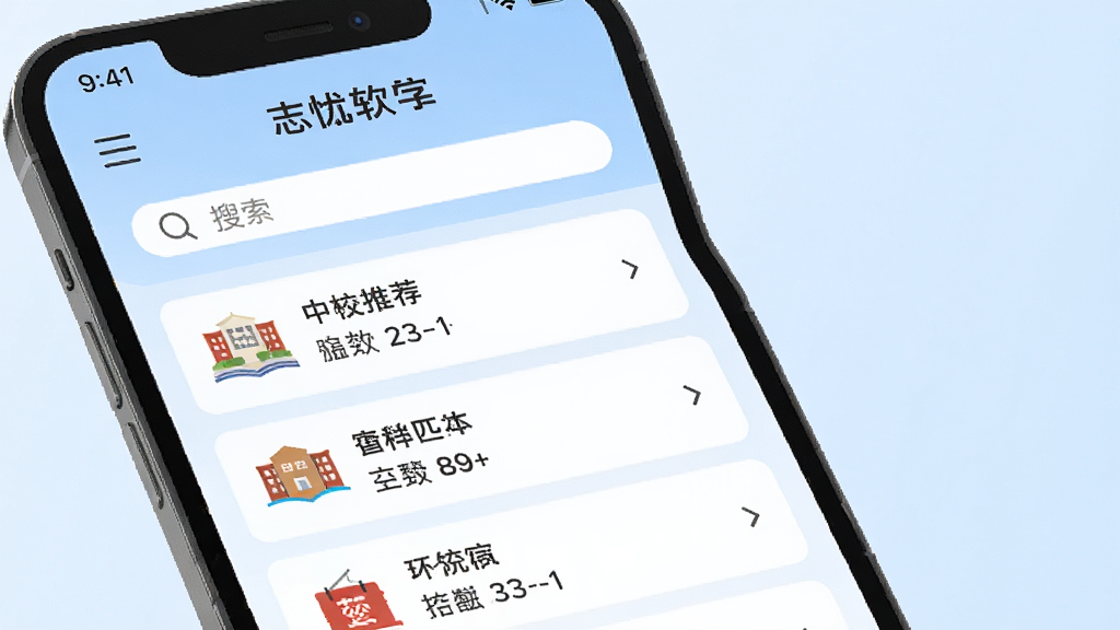 高考志愿无忧软件主界面截图,手机屏幕显示院校推荐列表和分数匹配度,背景为淡蓝色渐变,界面排版清晰整洁,风格简约现代,细节包含导航栏和搜索框,画质高清,干净无多余元素