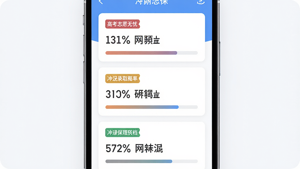 高考志愿无忧智能匹配功能展示图,手机屏幕中央显示冲稳保三档院校卡片,卡片上有录取概率百分比和院校名称,布局为纵向排列,风格清爽明亮,细节包含色彩标签和进度条,画质高清,干净无多余元素