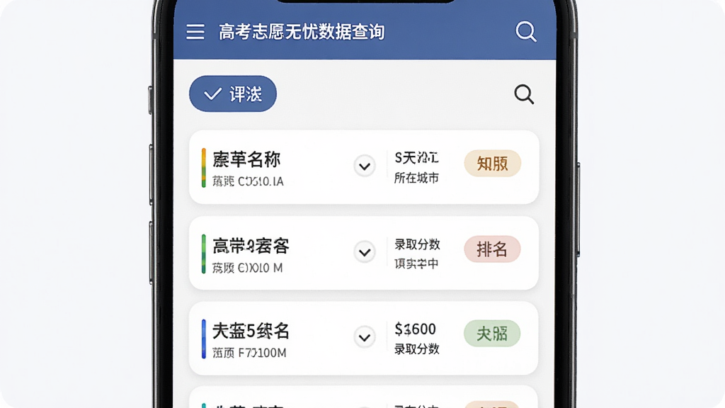 高考志愿无忧数据查询页面,手机屏幕显示院校详细信息列表,包含院校名称、所在城市、录取分数和排名标签,布局为卡片式列表,风格商务简约,细节包含筛选按钮和搜索图标,画质高清,干净无多余元素