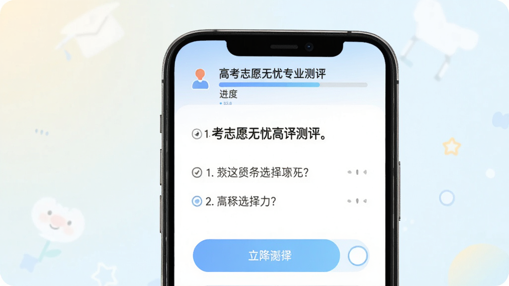 高考志愿无忧专业测评界面,手机屏幕显示测评题目和选项按钮,顶部有进度条,背景为柔和浅色,风格清新友好,细节包含题号和选择圆圈,画质高清,干净无多余元素
