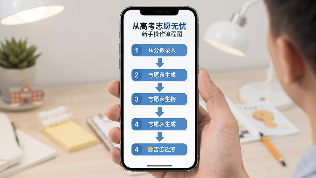 高考志愿无忧新手操作流程图,手机屏幕显示从分数录入到志愿表生成的步骤指引,布局为纵向流程图,风格扁平化设计,细节包含箭头和步骤编号,画质高清,干净无多余元素