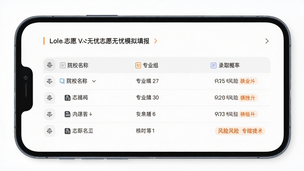 高考志愿无忧模拟填报页面,手机屏幕显示志愿表表格,包含院校名称、专业组和录取概率列,布局为表格形式,风格素雅极简,细节包含拖拽排序图标和风险提示标签,画质高清,干净无多余元素
