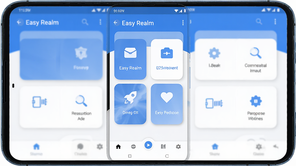 Easy Realm 软件主界面展示图,主体为一部安卓手机屏幕,屏幕上显示 Easy Realm 应用的主页界面,界面布局简洁,顶部有软件名称“Easy Realm”,中间为功能卡片式排列,底部为导航栏,排版居中对称,风格为现代扁平化设计,细节包括柔和的阴影、圆角图标、蓝白配色,画质清晰,干净,无多余元素