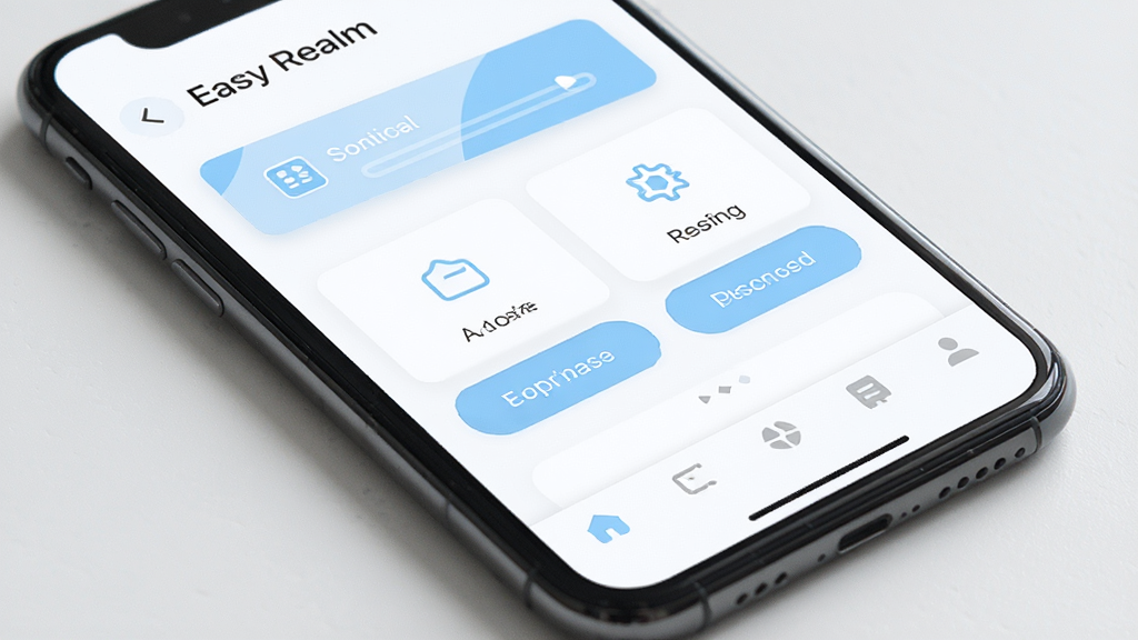 Easy Realm 界面简洁设计展示图,主体为手机屏幕特写,屏幕上展示 Easy Realm 的简洁主界面,布局为顶部标题栏、中部功能区域、底部导航,排版整齐,风格为清新浅色系,细节包括白色背景、浅蓝色按钮、简约图标,画质高清,干净,无多余元素