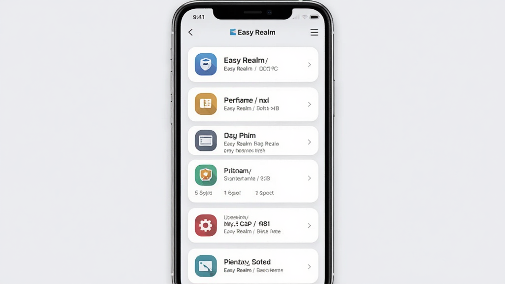 Easy Realm 软件功能界面截图,主体为手机屏幕,屏幕上展示 Easy Realm 的功能列表页面,布局为纵向列表排列,每个功能项配有图标和文字说明,排版整齐,风格为现代简约,细节包括浅灰色背景、白色卡片、彩色图标,画质清晰,干净,无多余元素