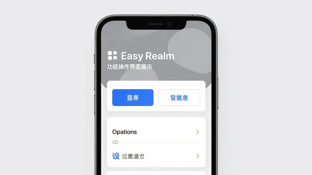 Easy Realm 功能操作界面展示图,主体为手机屏幕,屏幕上展示 Easy Realm 的功能操作页面,布局为上下结构,上方为功能标题,下方为操作按钮和设置选项,排版清晰,风格为素雅极简,细节包括灰色调背景、白色卡片、蓝色高亮按钮,画质清晰,干净,无多余元素