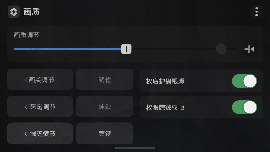 手机游戏设置界面截图,展示画质调节滑块与权限开关,界面为深色主题,有多个选项按钮,整体布局清晰,画质干净,无多余元素