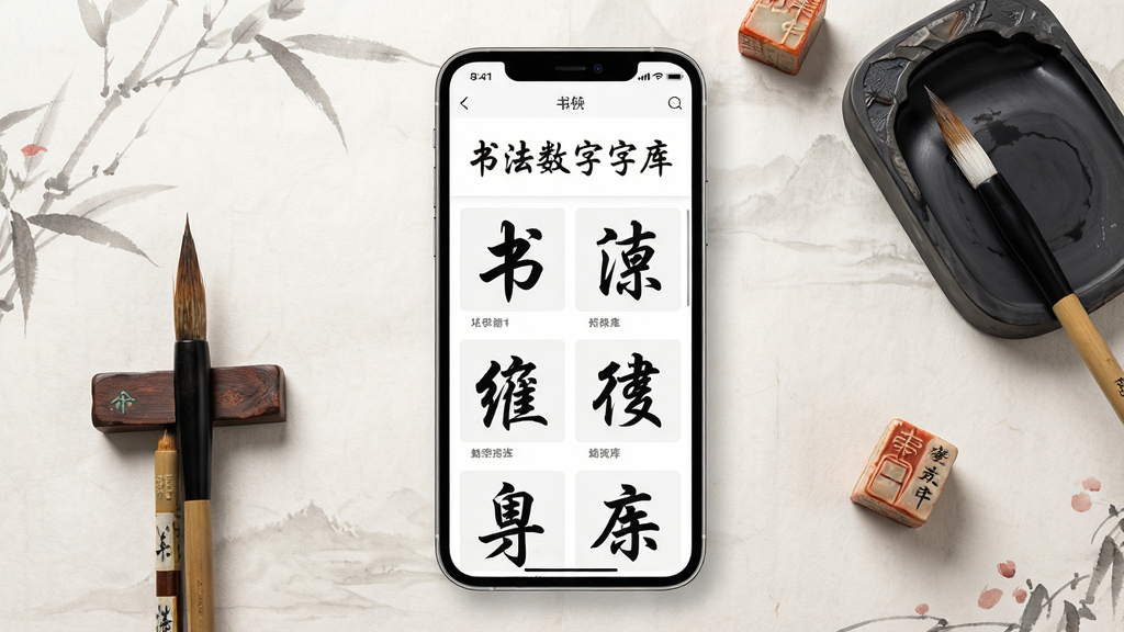 书法数字字库软件主界面展示,画面中央放置一部智能手机,手机屏幕显示书法字库应用界面,界面中有