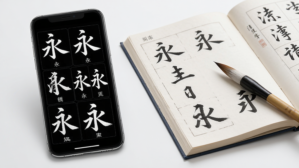 书法数字字库字形检索功能展示,画面主体为一部手机,手机屏幕上显示汉字