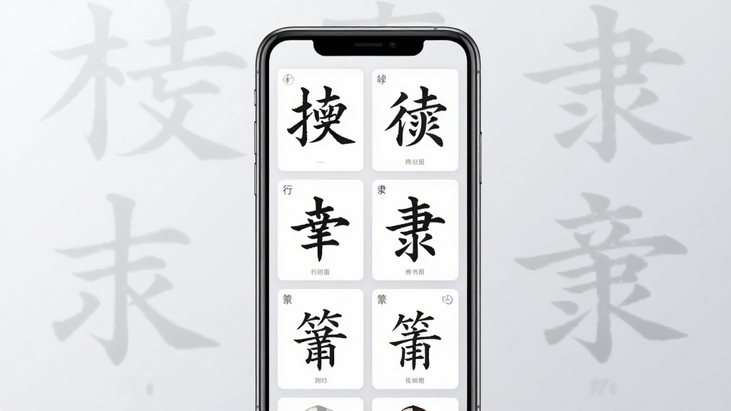 书法数字字库多书体分类浏览界面,画面中央为手机屏幕,屏幕显示楷书、行书、隶书、篆书等书体分类卡片,每张卡片上有对应书体的示例字,卡片排列整齐,背景为淡灰色渐变,布局为应用界面展示,风格为素雅极简,细节清晰,画质高清,干净无多余元素