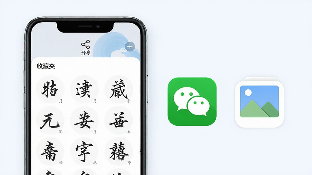 书法数字字库收藏与分享功能展示,画面展示一部手机,手机屏幕显示收藏夹页面,里面有多个书法字形缩略图,屏幕上方有分享按钮图标,手机旁边有微信图标和相册图标示意分享路径,布局为功能说明图,风格为清新浅色,细节清晰,画质高清,干净无多余元素