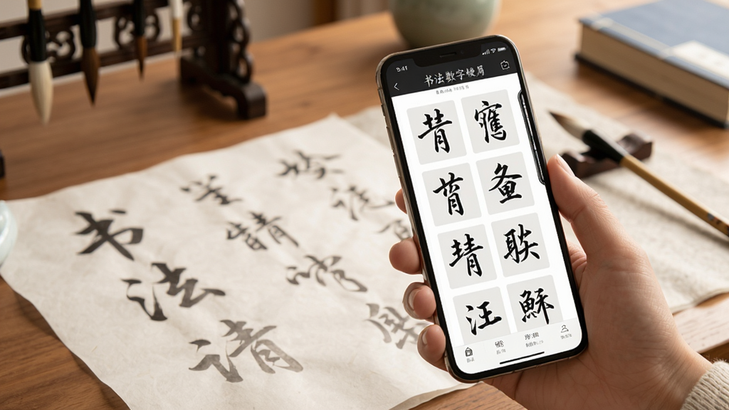 书法数字字库移动端使用场景图,画面展示一只手拿着手机,手机屏幕显示书法字库应用的字形详情页,背景为书房环境,桌上有宣纸和毛笔,布局为生活场景展示,风格为温暖柔和,细节自然,画质高清,干净无多余元素