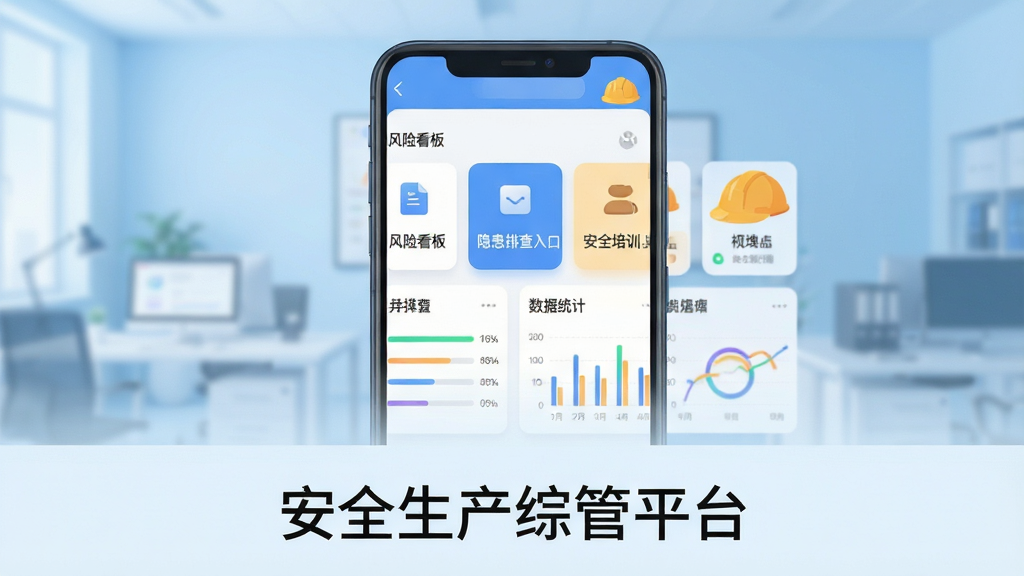 主体为一部安卓手机屏幕,屏幕内展示安全生产综管平台首页界面,包含风险看板、隐患排查入口、安全培训模块与数据统计图表;布局采用手机正面居中,背景为浅蓝色渐变办公环境虚化;排版上手机下方放置简洁文字“安全生产综管平台”;风格为现代扁平化科技风,细节包含图标圆角、数据卡片阴影、进度条与安全帽元素点缀;画质清晰干净,无多余元素,整体明亮专业。