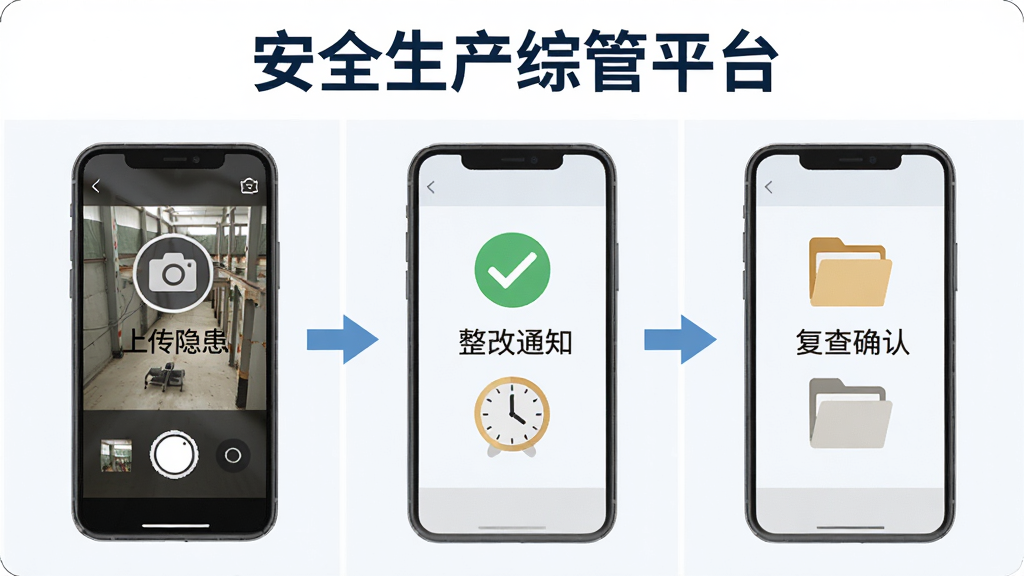 主体为安全生产综管平台隐患排查治理页面,画面展示手机拍照上传隐患、整改通知推送、复查确认三个步骤;布局为横向三格流程展示,上方文字“安全生产综管平台”;排版简洁,风格为扁平化办公风,细节包含相机图标、对勾、时钟、文件夹;画质清晰,干净无多余元素。