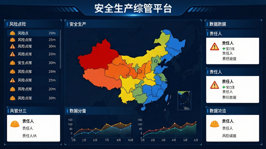 主体为安全生产综管平台风险分级管控界面,画面中央为红橙黄蓝四色风险分布图,周围环绕风险点列表与责任人信息卡片;布局采用上下结构,上方为标题“安全生产综管平台”,下方为风险图与数据面板;排版整齐,风格为商务科技风,细节包含安全帽图标、警示三角、数据折线;画质清晰,干净无多余元素。