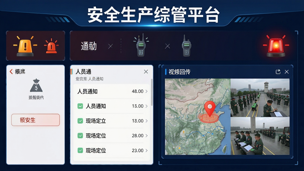 主体为安全生产综管平台应急指挥调度界面,画面展示手机端应急预案启动按钮、人员通知列表、现场定位与视频回传窗口;布局为上下结构,上方标题“安全生产综管平台”;排版紧凑,风格为应急指挥科技风,细节包含警报图标、对讲机、地图定位、红色警示灯;画质清晰,干净无多余元素。