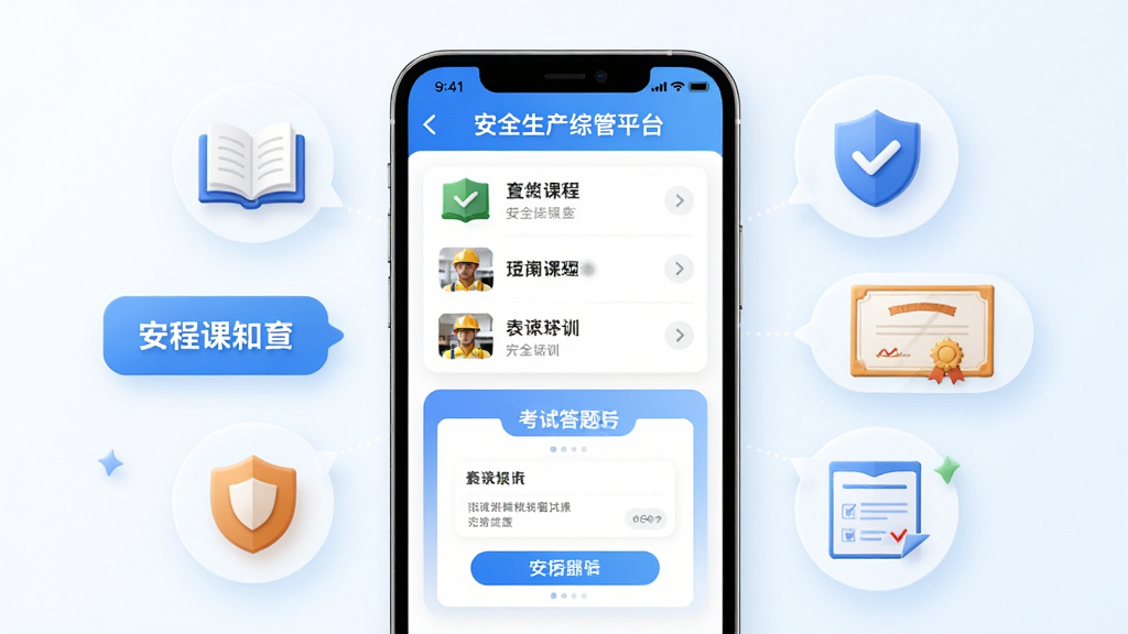 主体为安全生产综管平台安全培训教育界面,画面中央为手机屏幕展示课程列表与考试答题卡,周围环绕安全知识图标;布局为居中手机加两侧悬浮标签;排版清晰,风格为清新教育风,细节包含书本、盾牌、证书、答题卡;画质干净,无多余元素。
