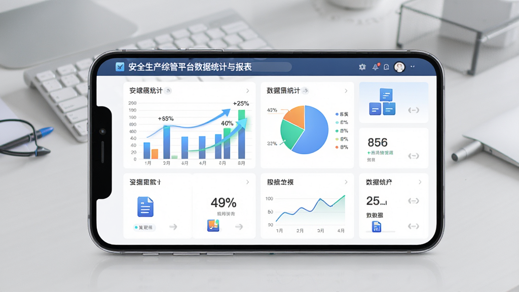 主体为安全生产综管平台数据统计与报表界面,画面展示手机屏幕中的柱状图、饼图、折线图与数据卡片;布局为手机居中,背景为浅灰色办公桌面;排版整齐,风格为商务数据风,细节包含图表动画感、百分比标签、报表图标;画质清晰,干净无多余元素。