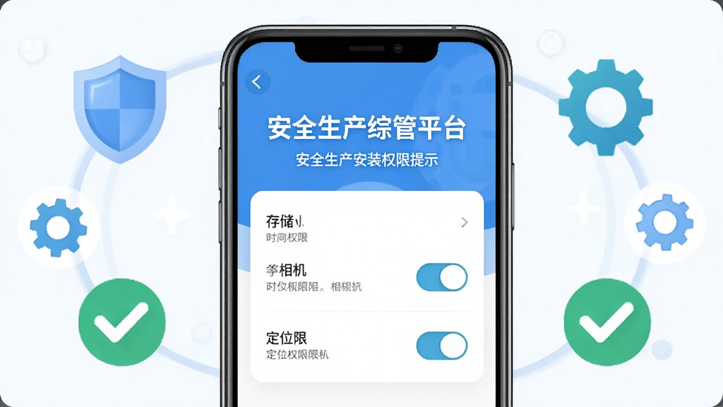 主体为手机屏幕展示安全生产综管平台安装权限设置界面,画面包含存储、相机、定位权限开关;布局为手机居中,周围环绕盾牌、齿轮、对勾图标;排版简洁,风格为清新教程风,细节包含文字“安全生产综管平台”与权限提示;画质清晰,干净无多余元素。