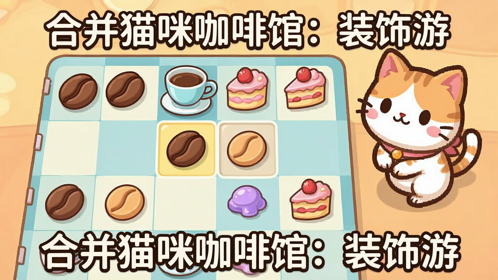 一款手机游戏界面截图,画面中展示一个合成棋盘,棋盘上有咖啡豆、杯子、蛋糕等物品,玩家正在将两个相同的物品合并,旁边有可爱的猫咪角色在观看,界面风格为卡通可爱,布局清晰,色彩明亮,画质干净,无多余元素,图片中带有文字“合并猫咪咖啡馆:装饰游”