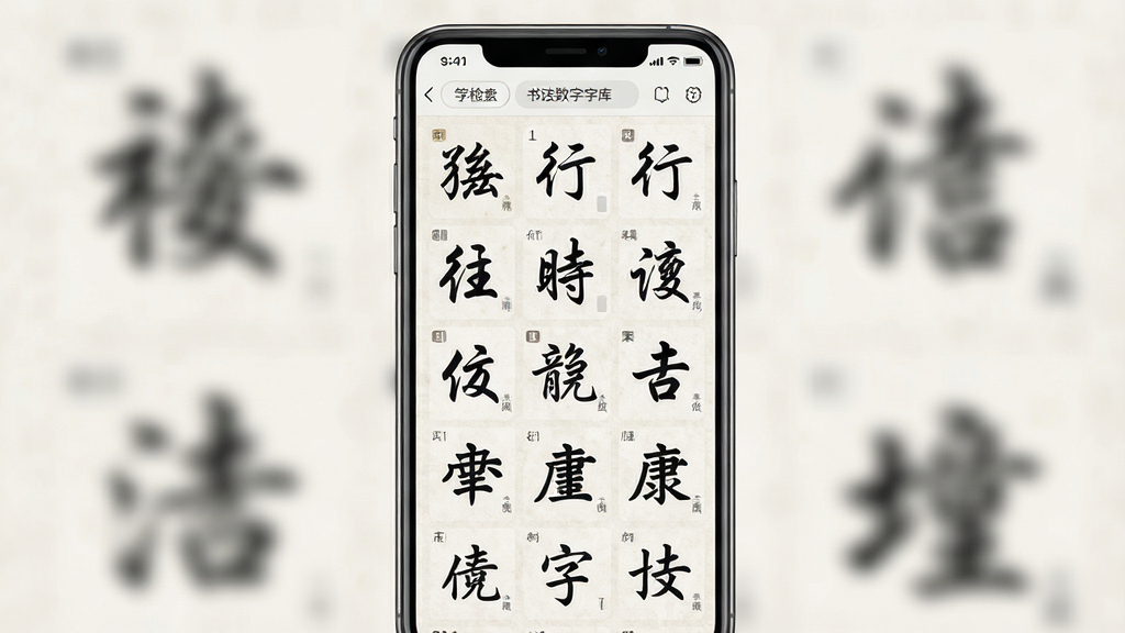 一张展示书法数字字库软件界面的手机屏幕截图,画面中央是手机竖屏显示,屏幕内呈现书法字帖浏览界面,包含楷书、行书、隶书等多种字体样例,背景为淡雅宣纸纹理,布局简洁清晰,风格为现代国风UI设计,细节包含笔画检索框与字库列表,画质高清,干净,无多余元素。