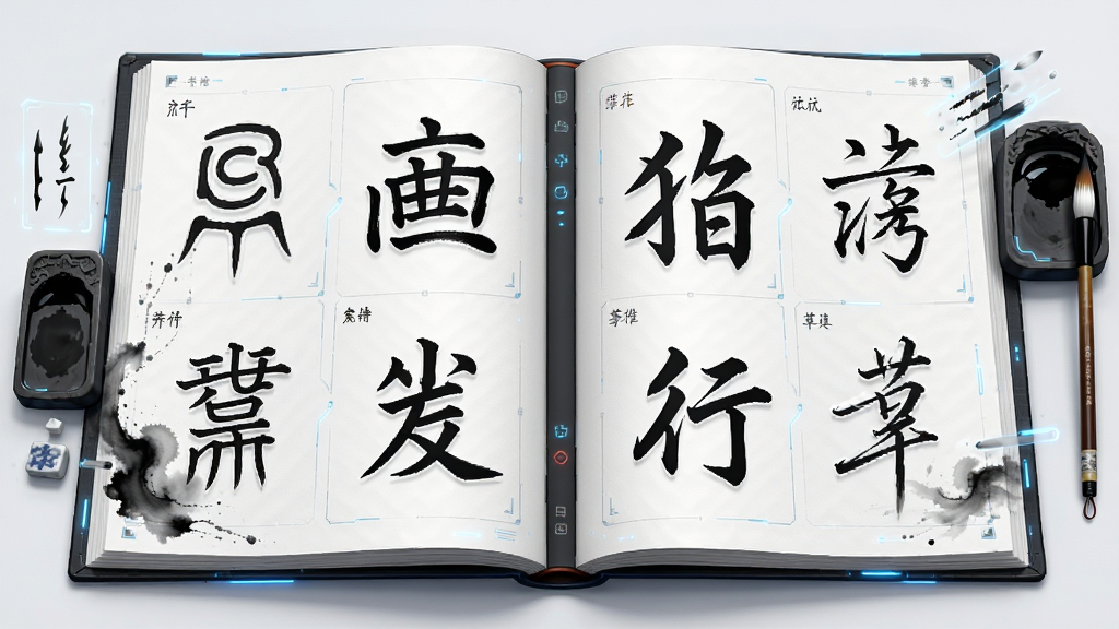 一幅AI生成的数字书法字库概念图,画面主体是一本展开的虚拟电子字帖,书页上整齐排列着篆书、隶书、楷书、行书、草书五种字体的同一个汉字,布局为左右两页对称展示,风格为水墨与科技感融合,细节包含毛笔、砚台与悬浮的笔画分解动画,画质高清,干净,无多余元素。