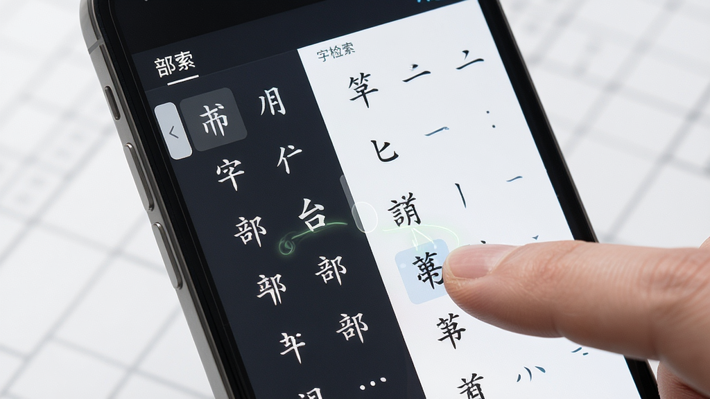 一张AI生成的书法数字字库功能展示图,画面主体是手机屏幕特写,屏幕内显示笔画检索界面,左侧为部首选择区,右侧为候选字列表,布局为左右分栏,风格为简约科技风,细节包含手指点击屏幕的交互动作与笔画高亮效果,画质高清,干净,无多余元素。