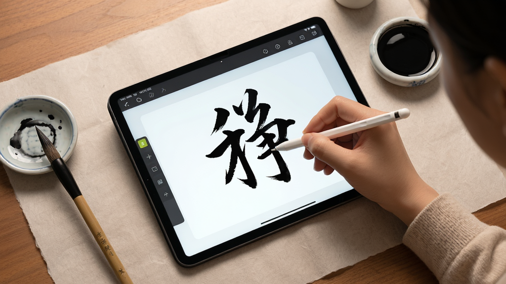 一张AI生成的书法数字字库临摹场景图,画面主体是平板电脑放置在桌面上,屏幕显示透光临摹界面,用户手持触控笔正在描摹汉字,布局为俯视视角,风格为温馨学习场景,细节包含宣纸纹理、毛笔与墨碟,画质高清,干净,无多余元素。