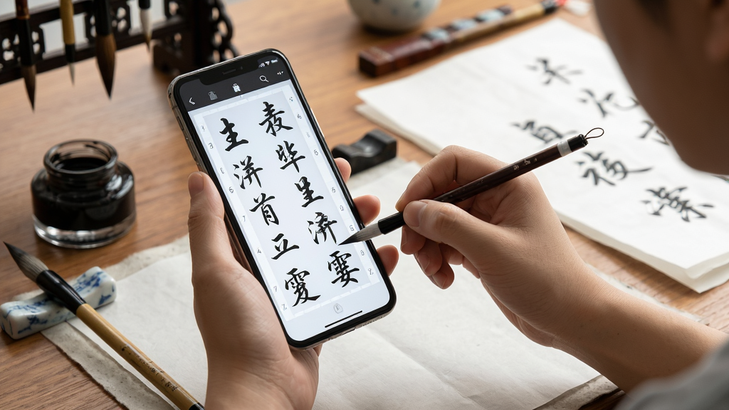一张AI生成的书法数字字库使用场景图,画面主体是用户手持手机在书桌前使用书法数字字库进行临摹,手机屏幕显示透光字帖,布局为人像与手机屏幕特写结合,风格为真实生活摄影感,细节包含桌面上的毛笔、墨汁与宣纸,画质高清,干净,无多余元素。