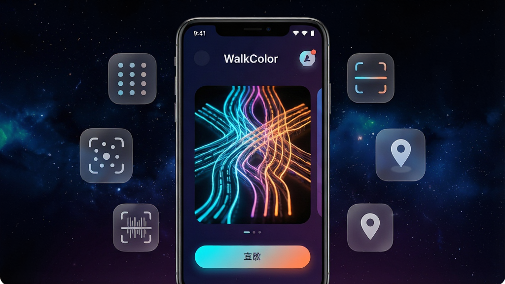 һ��չʾWalkColor�������Ĺ��ܵ��ֻ�����ϳ�ͼ������������һ��������׿�ֻ�����Ļ��ʾWalkColorӦ�õ������棬��������ɫ�ǿս��䣬�����м���һ���ɲ�ɫ������֯���ɵ�֯ͼ��Ʒ�������������·�켣��ɫ�ʴ��޺������ɵ�ů��ɫ���ֻ���ΧƯ���ż�����͸���Ĺ�����ͼ�꣬�������㡢ɨ���ߡ���ͼ��λ�롣���岼�ֲ��þ��й�ͼ�����ƫ���ִ��Ƽ����������н�ϣ�ϸ����ǿ����Ļ��UI��Բ�ǿ�Ƭ�ͷ��ⰴť�����ʸ��壬�ɾ��޶���Ԫ�أ������в������κ����֡�